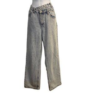 WHITE FOX Acid Wash Denim‎ Jeans High Rise Cross Over Waist Wide Leg